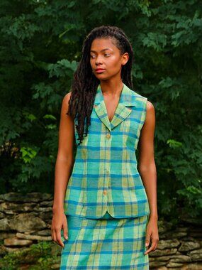 NWT For Pete's Sake Linen Skirt & Vest 2PC Plaid Lined Frayed Hem Academia 14